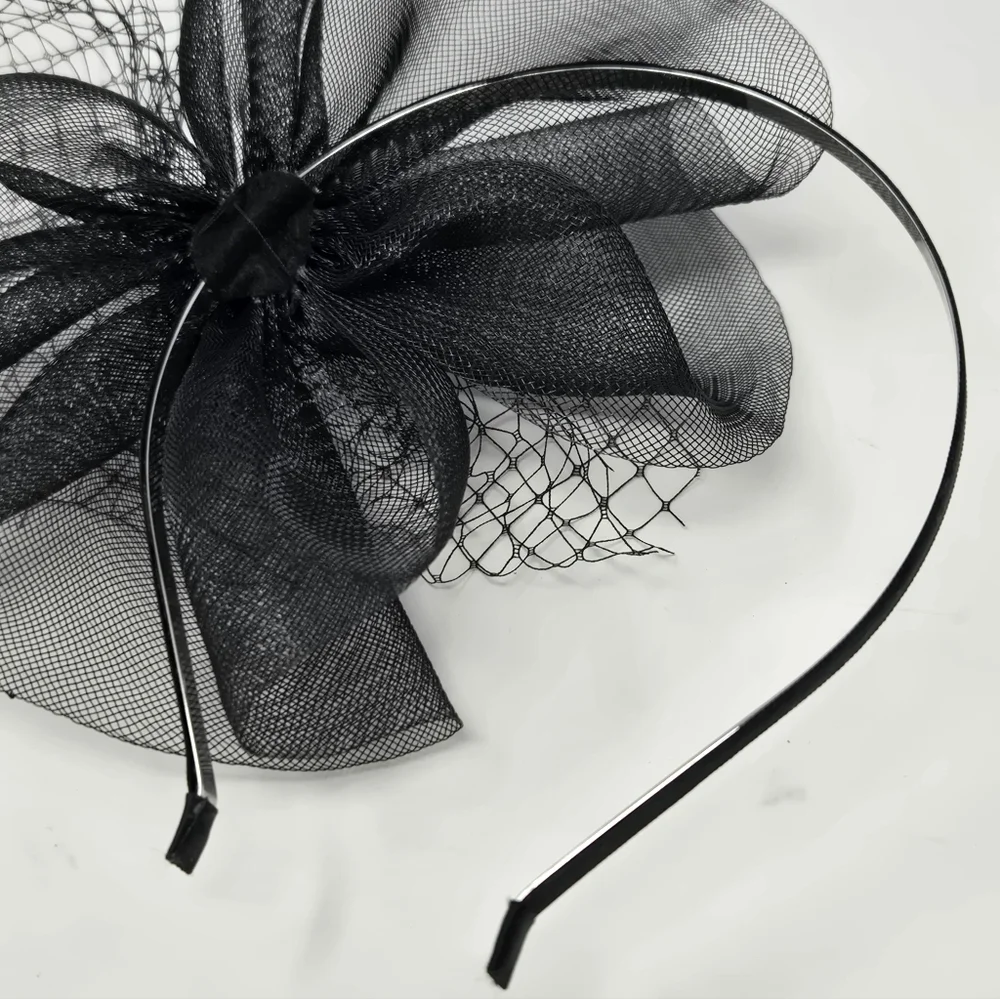 VINTAGE HANDMADE FASCINATOR HEADBAND BLACK TULLE BLUE RHINESTONE BROOCH DIY